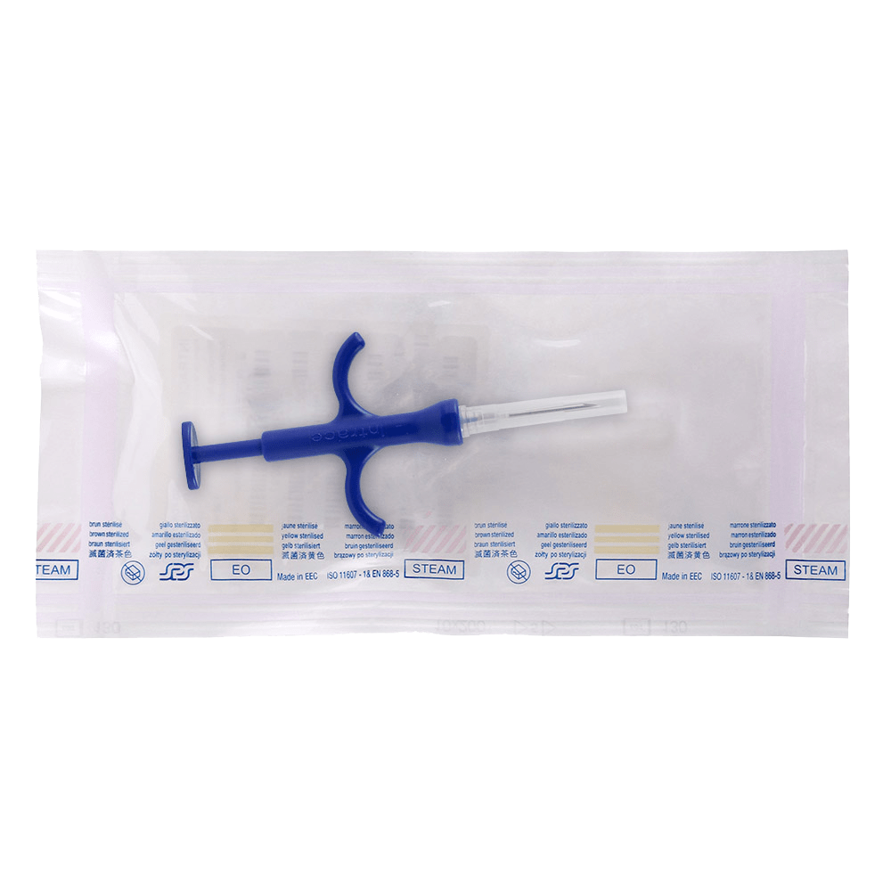 Preloaded sterile tags & syringe with 8mm (HQ8) PIT Tag and 15 gauge needle. Package is hermetically sealed with 6 barcodes in each package.